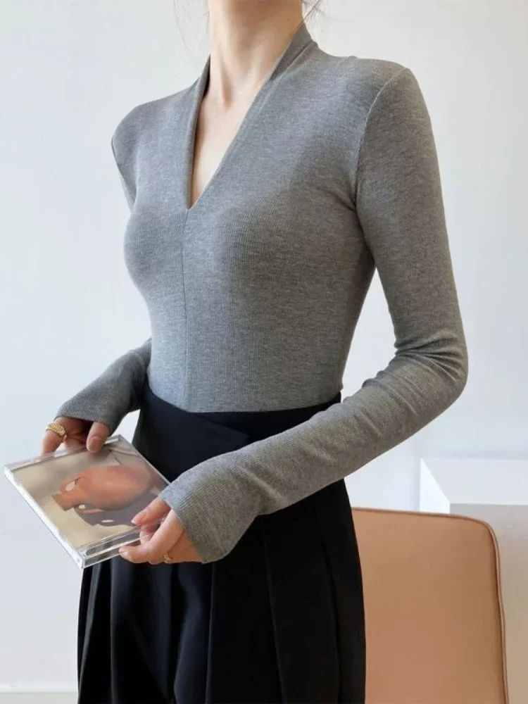 Women Fashion Blouse - V넥 슬림 셔츠 긴팔 탑 아름다운
