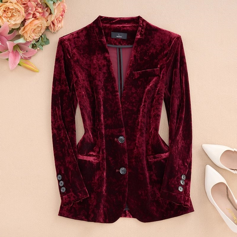 Velvet Blazer Women - 봄과 가을 새로운 프린트 칼라리스 벨벳