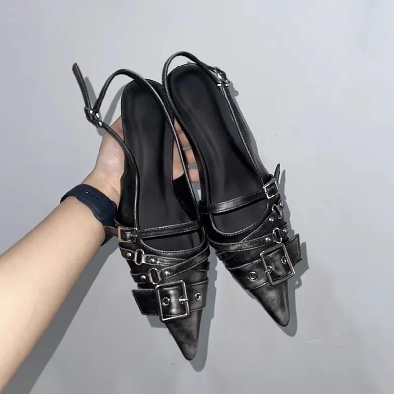 Spaghetti Strap Dress - 뾰족코 하이힐 여성용 벨트 버클 바오투