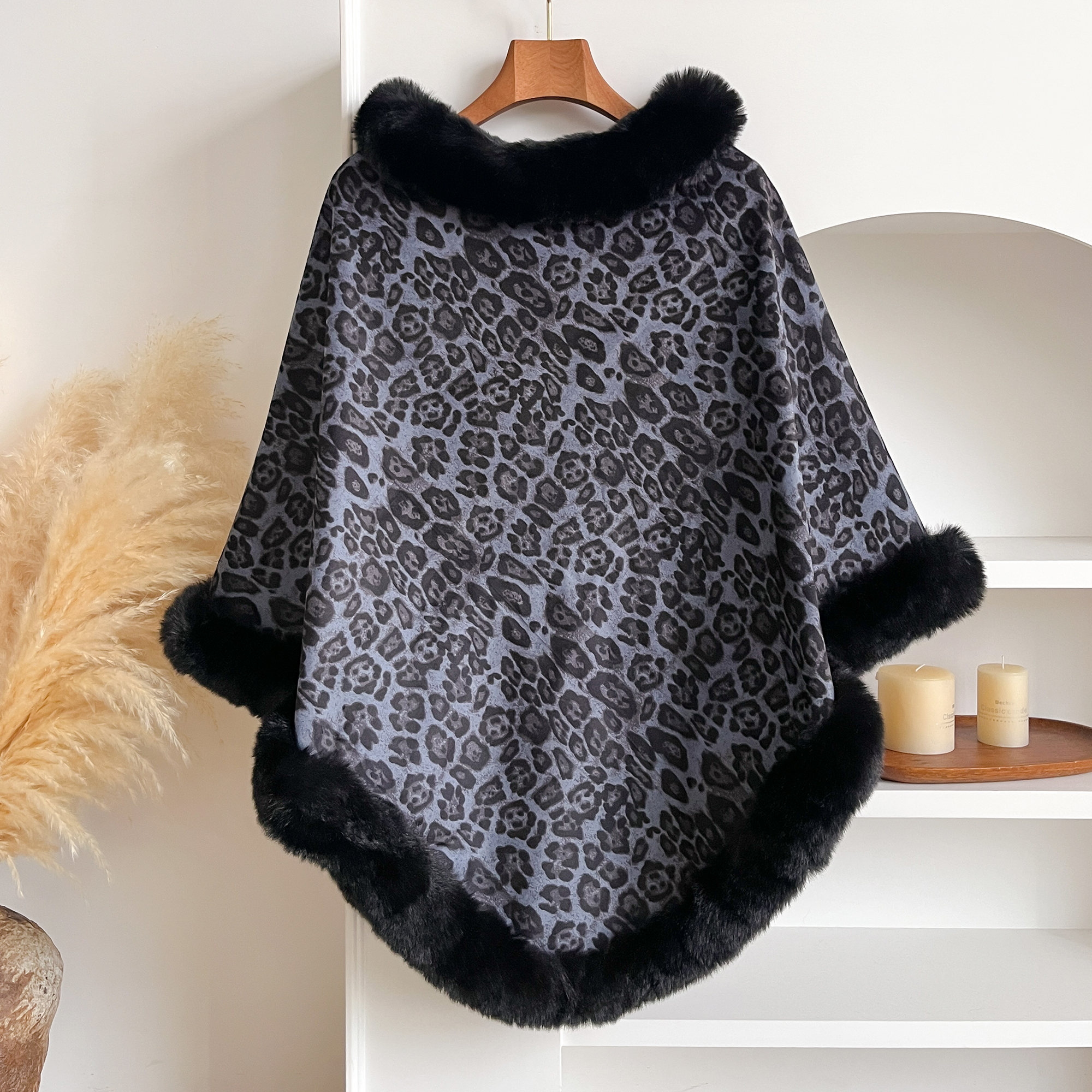 Women'S Fashion Poncho - 레오파드 프린트 인조 토끼털 판초 코트