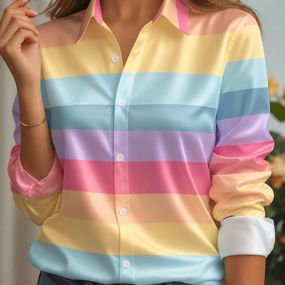 Women Fashion Blouse - 여성용 새틴 라펠 칼라 셔츠 파스텔