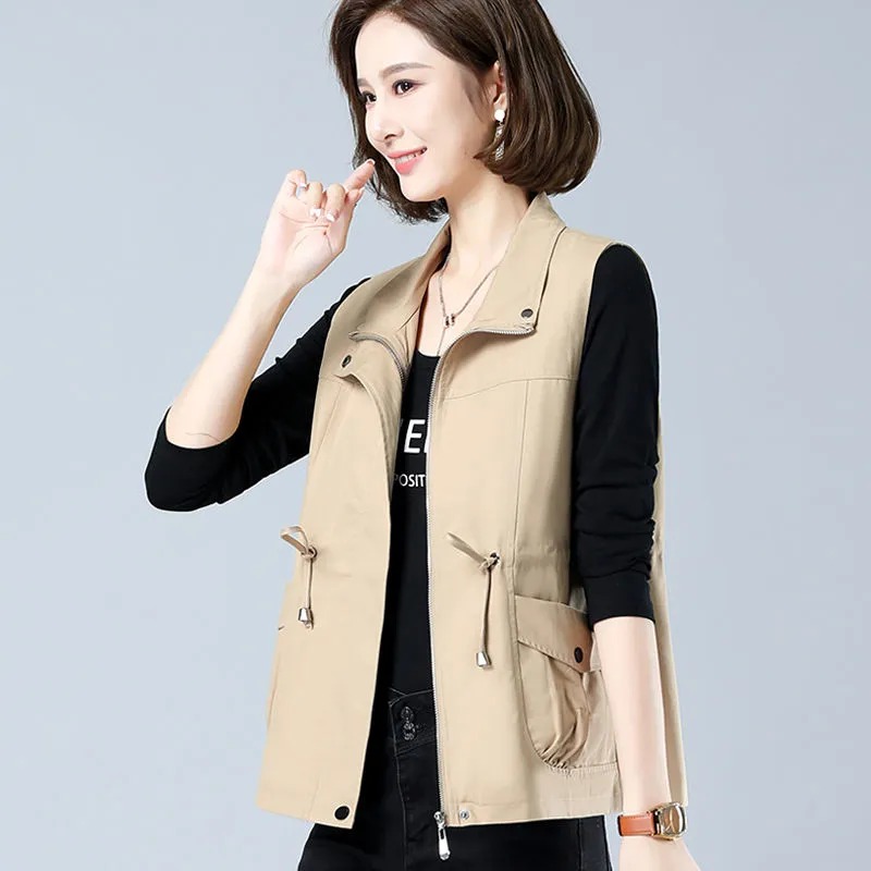 Women'S Fashion Utility Vest - 여성용 경량 스탠드 칼라 조끼, 허리