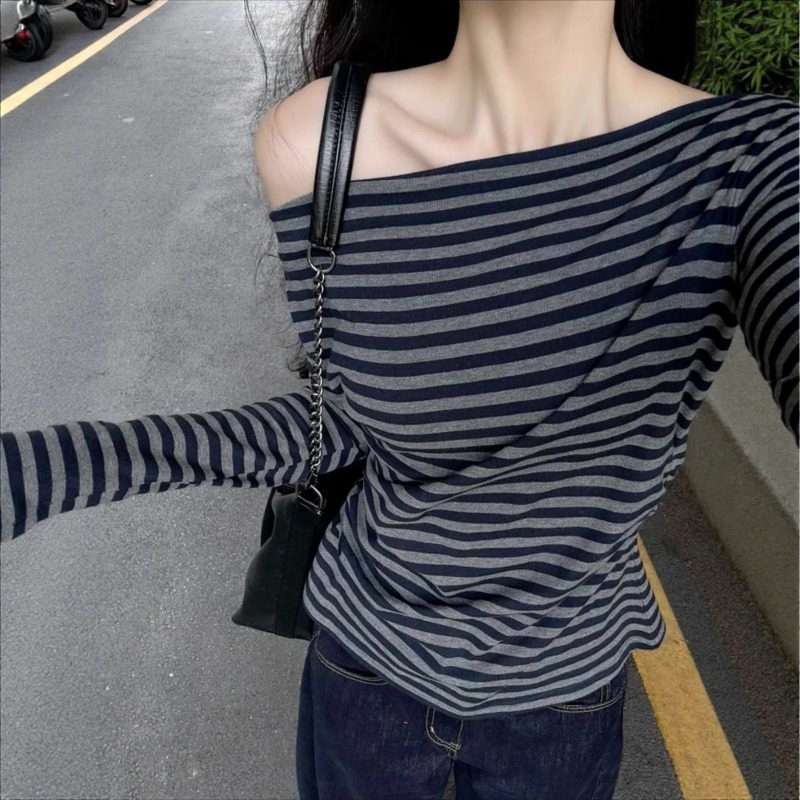 Off Shoulder Top - 여성 빈티지 스트라이프 오프숄더 긴팔 탑