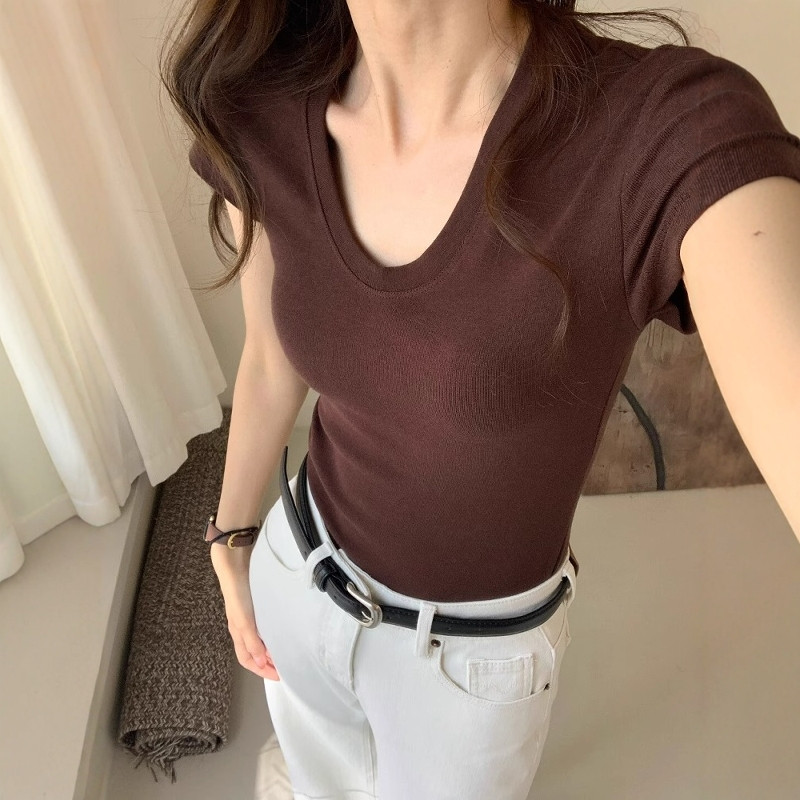 Women Fashion Blouse - U 넥 어깨 짧은 소매 티셔츠