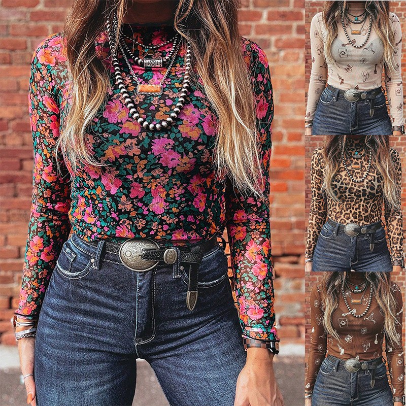 Women Fashion Blouse - 여성 가을 메쉬 터틀넥 슬림핏 긴팔