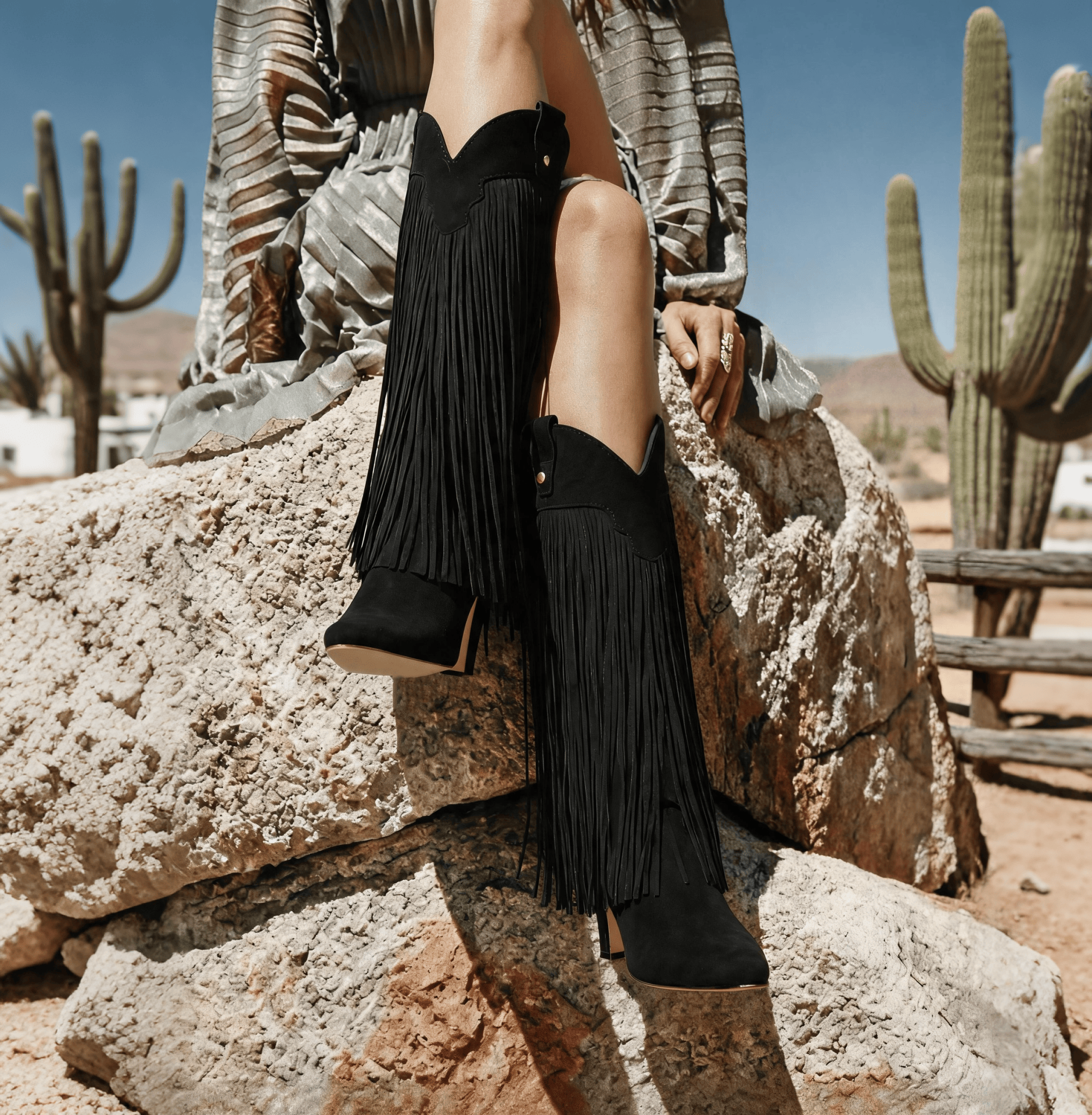 Women'S Fashion Wild West - 여성용 스웨이드 프린지 니하이 웨스턴 카우보이