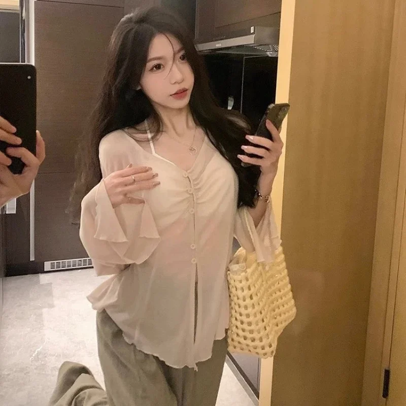 Women Fashion Blouse - 쉬어 플레어 슬리브 블라우스 - Y2K