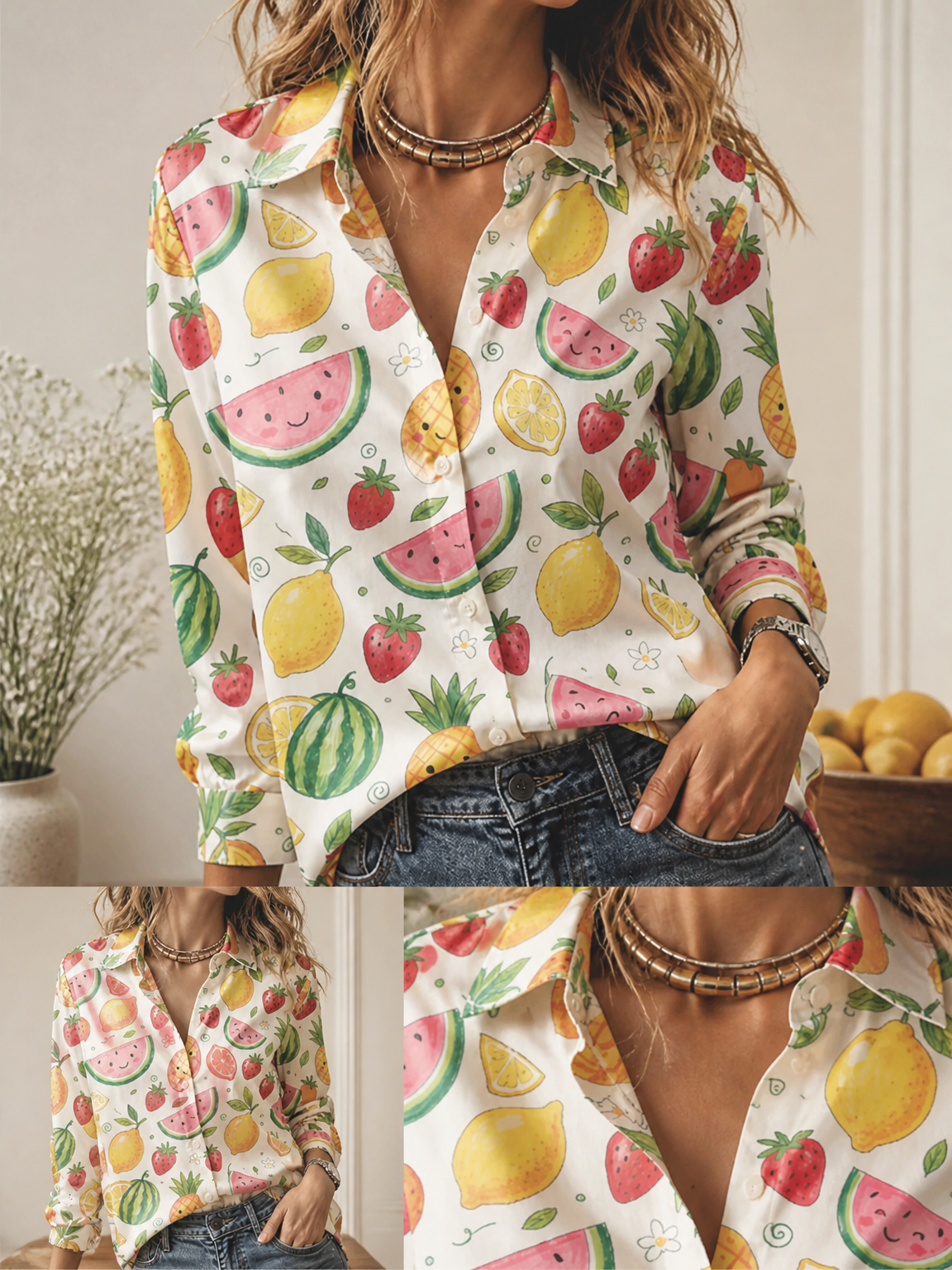 Women Fashion Blouse - 여성용 경량 싱글 브레스티드 블라우스, 긴