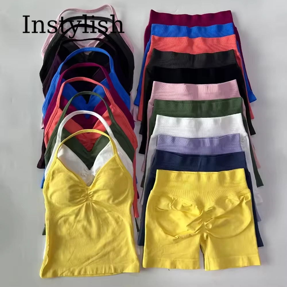 V Neck Cami Top - 여성용 심리스 요가 2피스 세트, 홀터