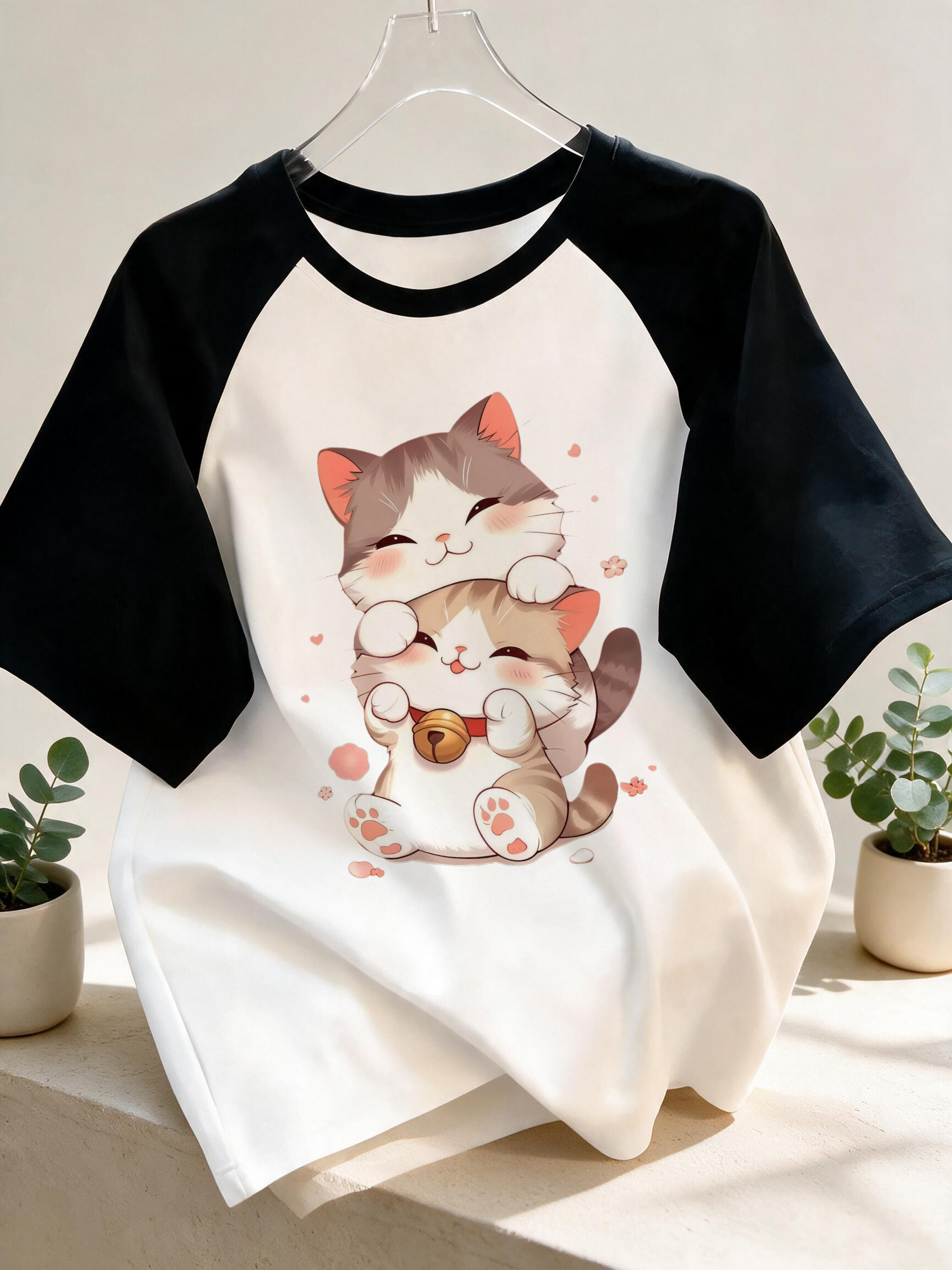 Women'S Fashion From The 90S - 귀여운 만화 고양이 검정 반팔 프린트