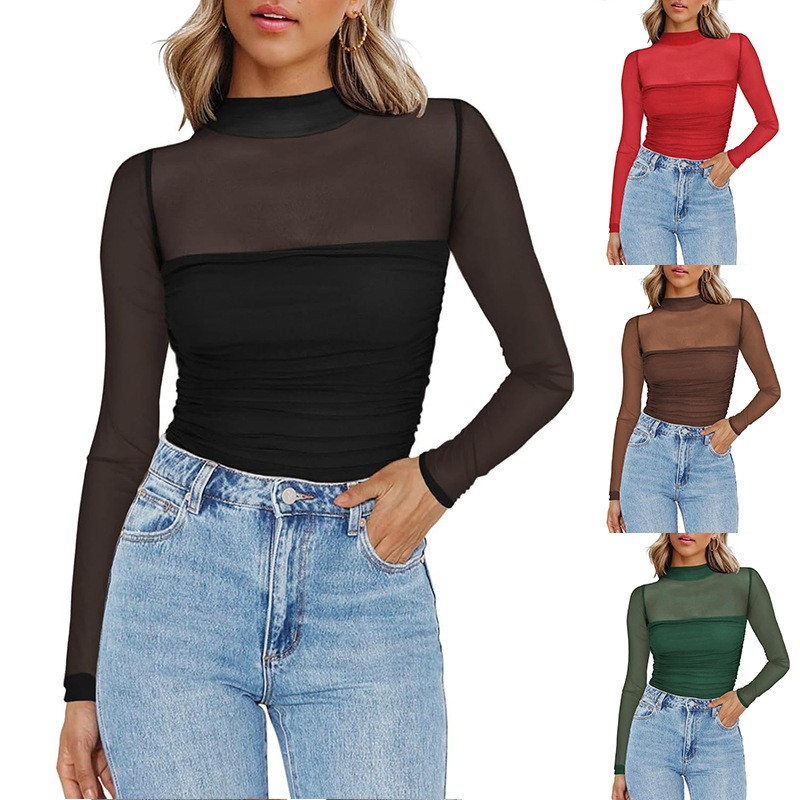 Women Fashion Blouse - 여성용 솔리드 컬러 시스루 메쉬 라운드넥