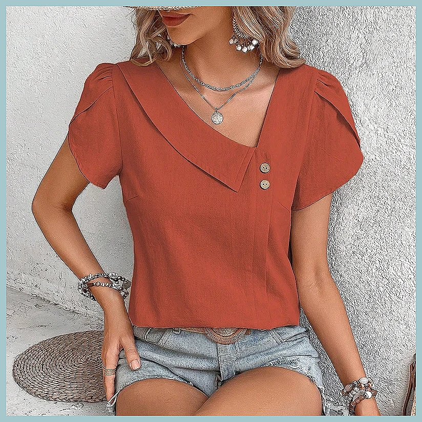 Women Fashion Blouse - 2024 여름 빈티지 솔리드 컬러 블라우스