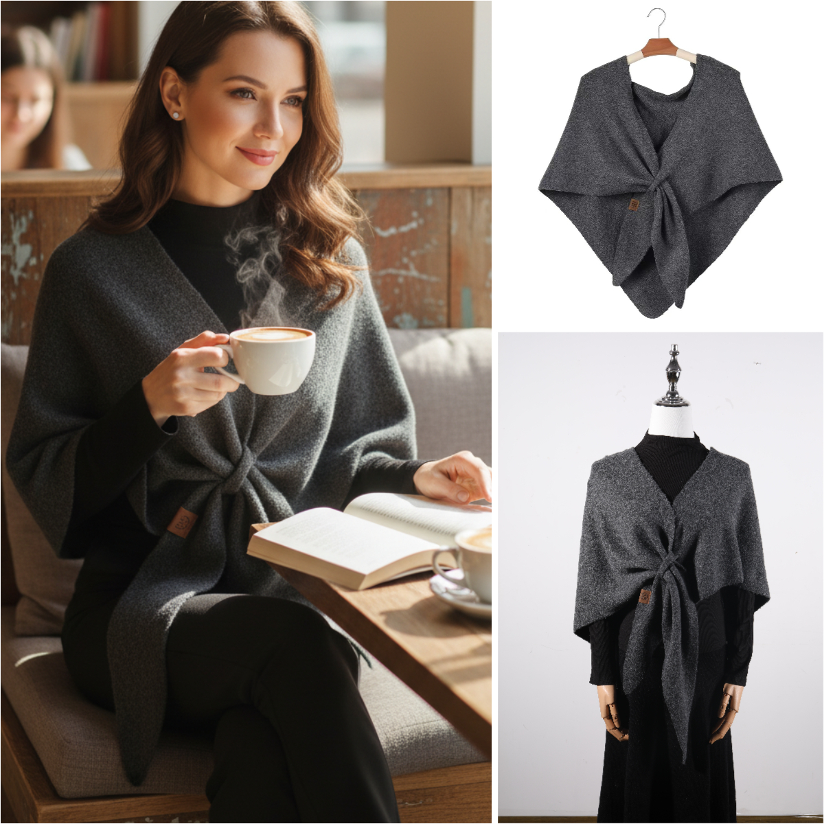 Women'S Fashion Poncho - 심플한 단색 니트 삼각 숄, 트렌디한