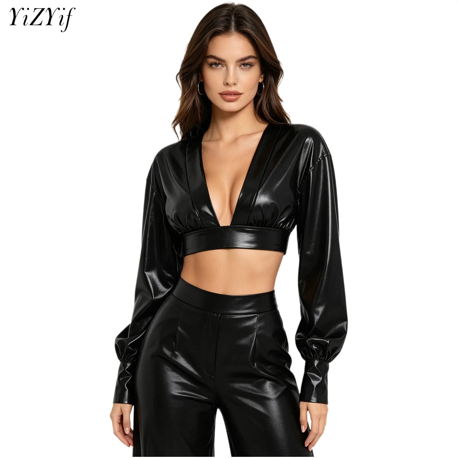 Women Fashion Blouse - 여성용 Y2K 메탈릭 샤이니 힙합 크롭탑