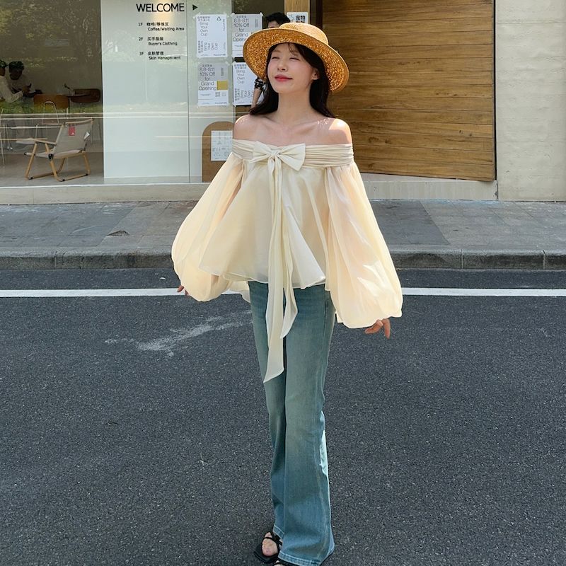 프랑스 스타일 오프 숄더 퍼프 슬리브 셔츠 여성 초가을 - Off Shoulder Top 리뷰 및 가격