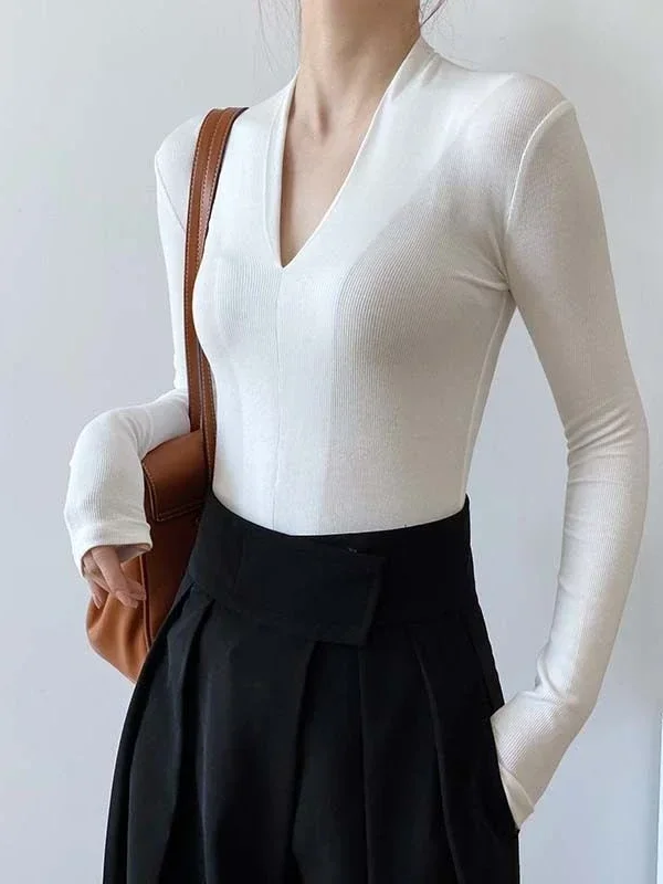 V넥 슬림 셔츠 긴팔 탑 아름다운 여성용 우아한 블라우 - Women Fashion Blouse 리뷰 및 가격