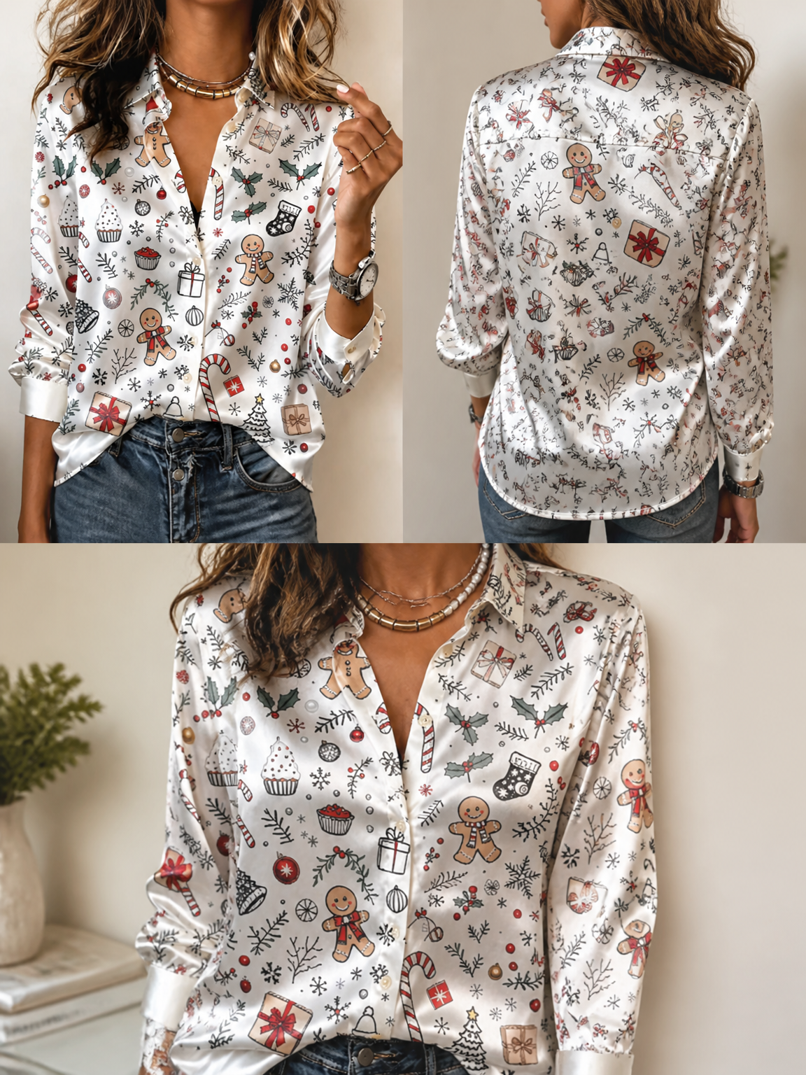 소프트 라펠 긴소매 새틴 블라우스, 여성 크리스마스 진 - Women Fashion Blouse 리뷰 및 가격