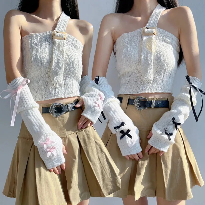 여성 Y2K 패션 암 워머 리본 장식 부드러운 니트 장 - Women'S Fashion Gloves 리뷰 및 가격