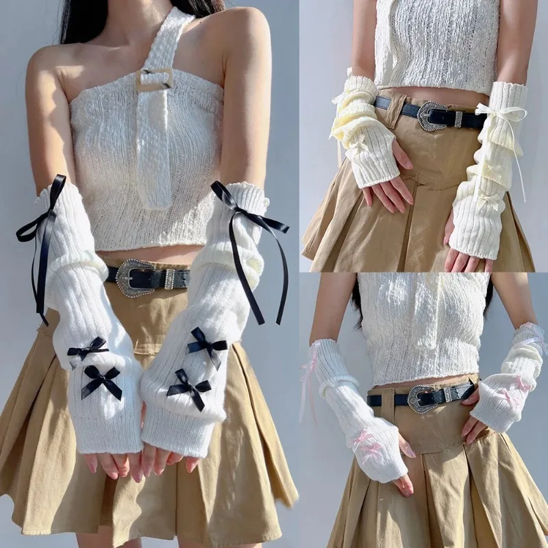 여성 Y2K 패션 암 워머 리본 장식 부드러운 니트 장 - Women'S Fashion Gloves 리뷰 및 가격
