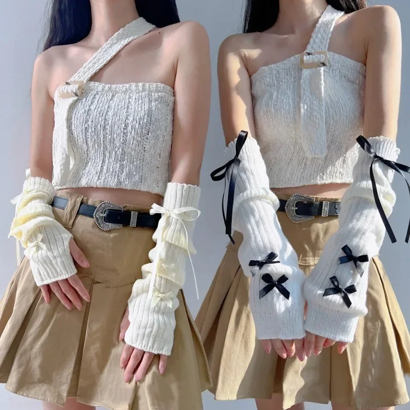 여성 Y2K 패션 암 워머 리본 장식 부드러운 니트 장 - Women'S Fashion Gloves 리뷰 및 가격