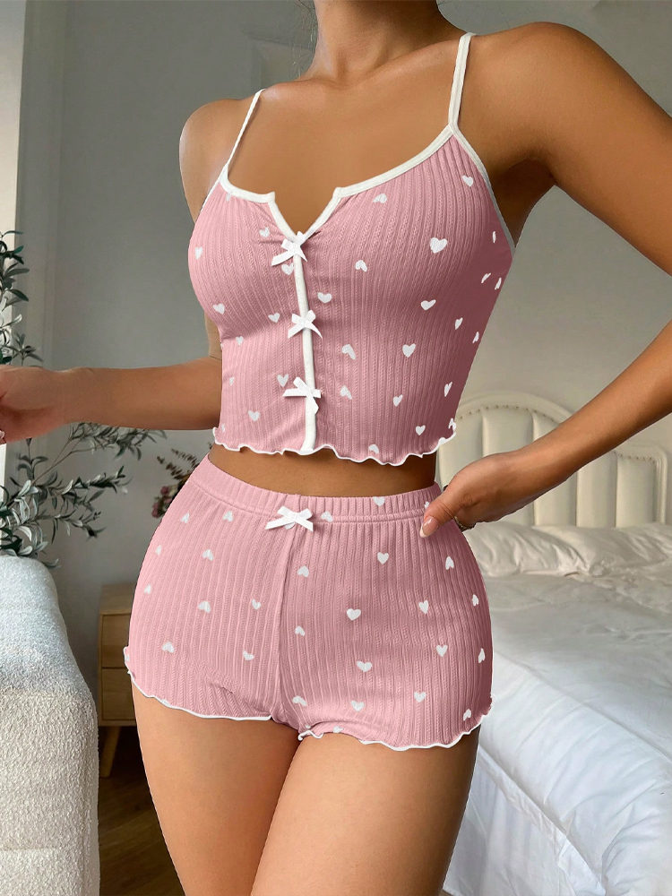 2026년 신상 여성용 섹시 하트 프린트 파자마 세트, - V Neck Cami Top 리뷰 및 가격
