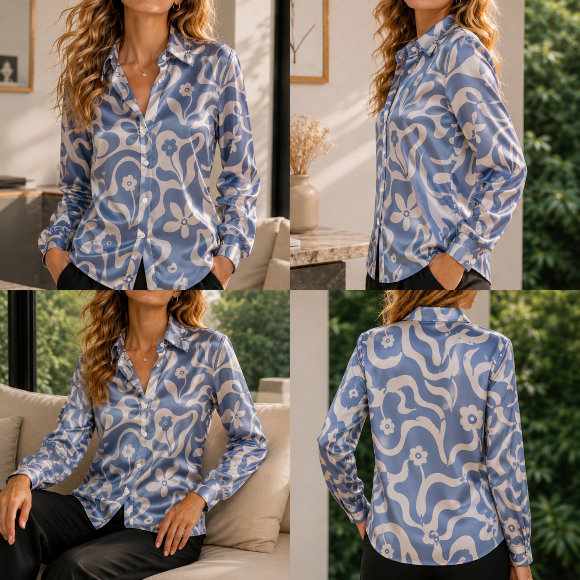 여성용 그린 새틴 블라우스 화이트 플로럴 프린트 긴팔  - Women Fashion Blouse 리뷰 및 가격