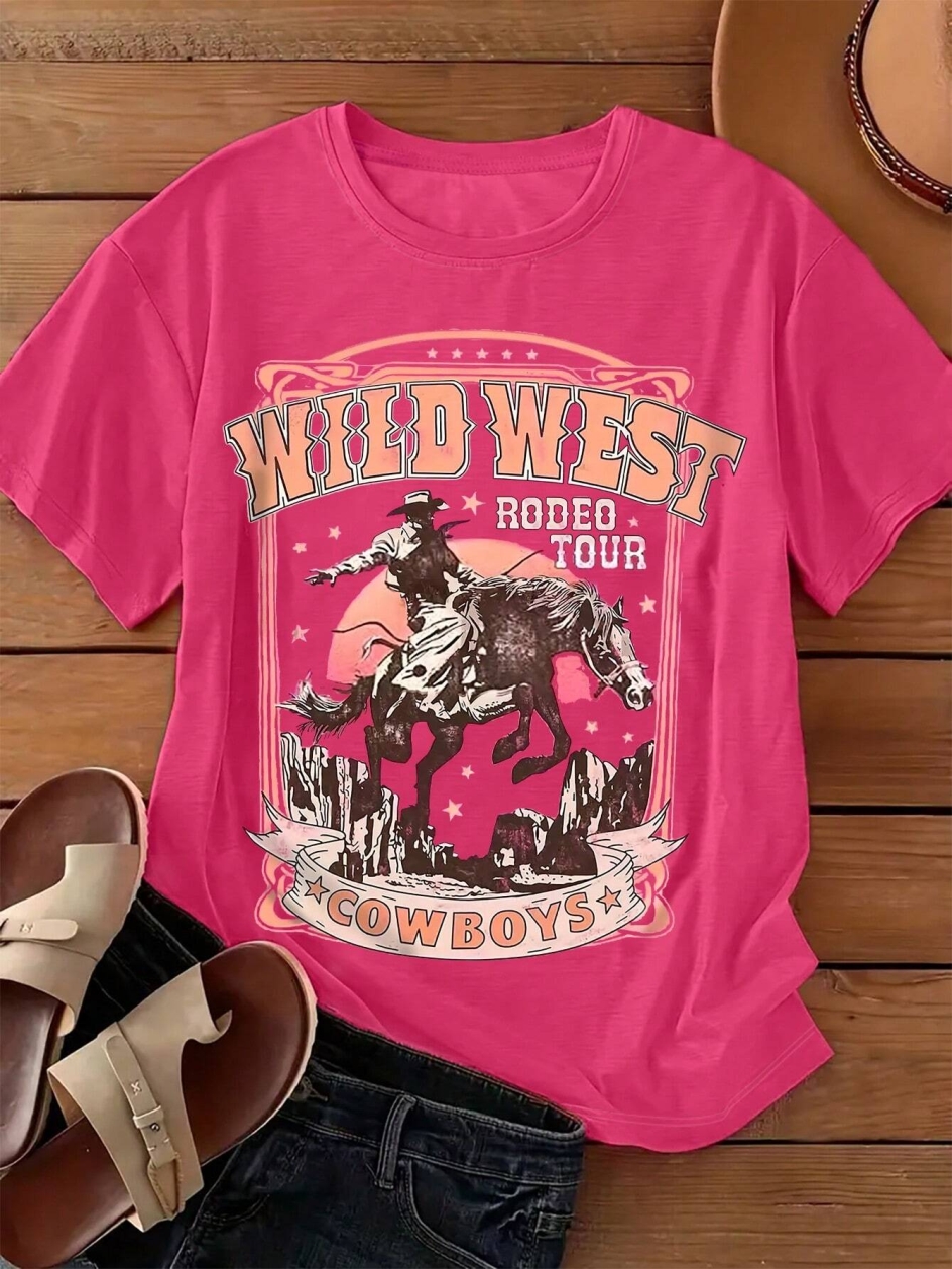 와일드 웨스트 카우보이 프린트 여성 티셔츠, 캐주얼 루 - Women'S Fashion Wild West 리뷰 및 가격