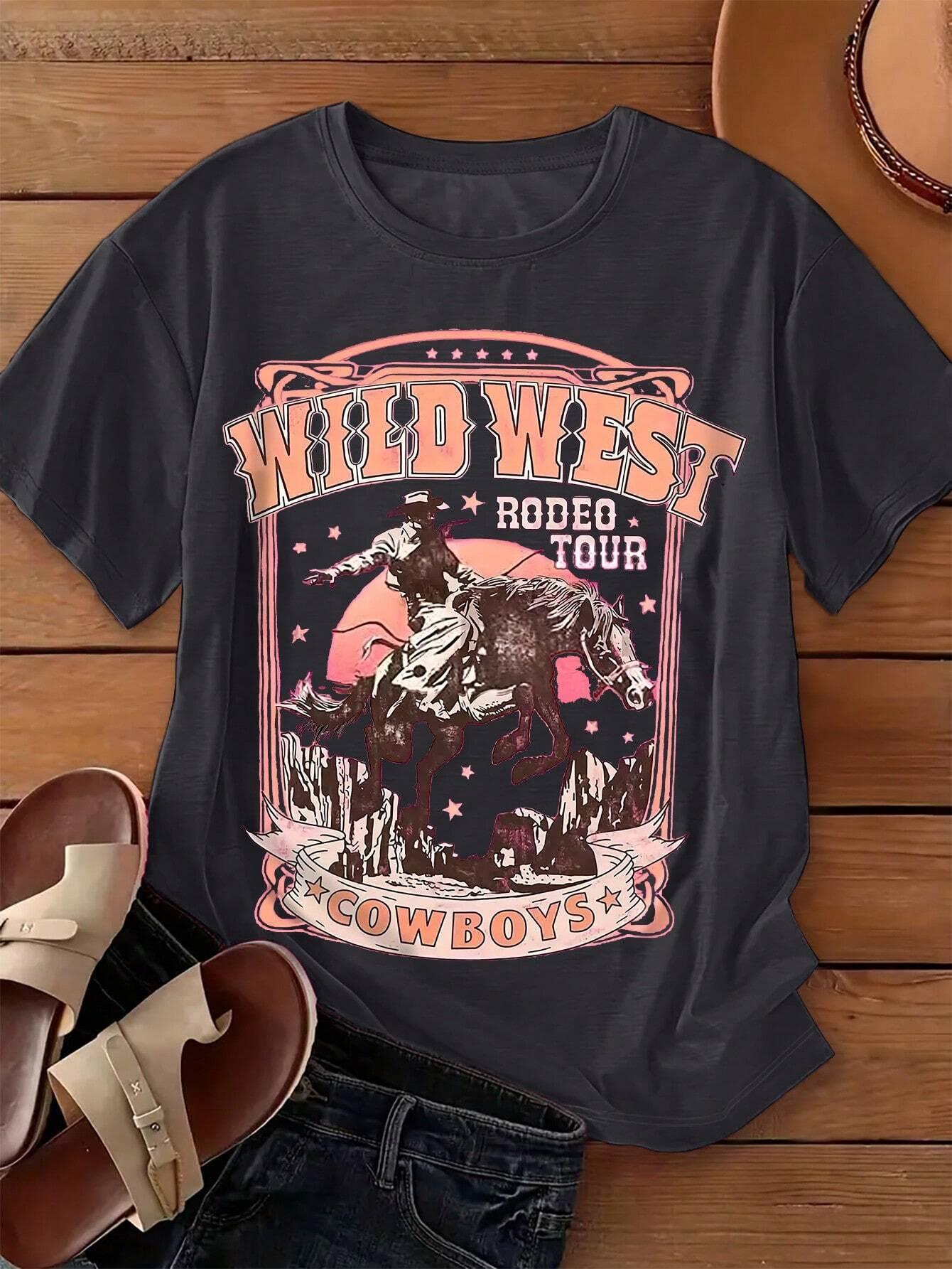 와일드 웨스트 카우보이 프린트 여성 티셔츠, 캐주얼 루 - Women'S Fashion Wild West 리뷰 및 가격