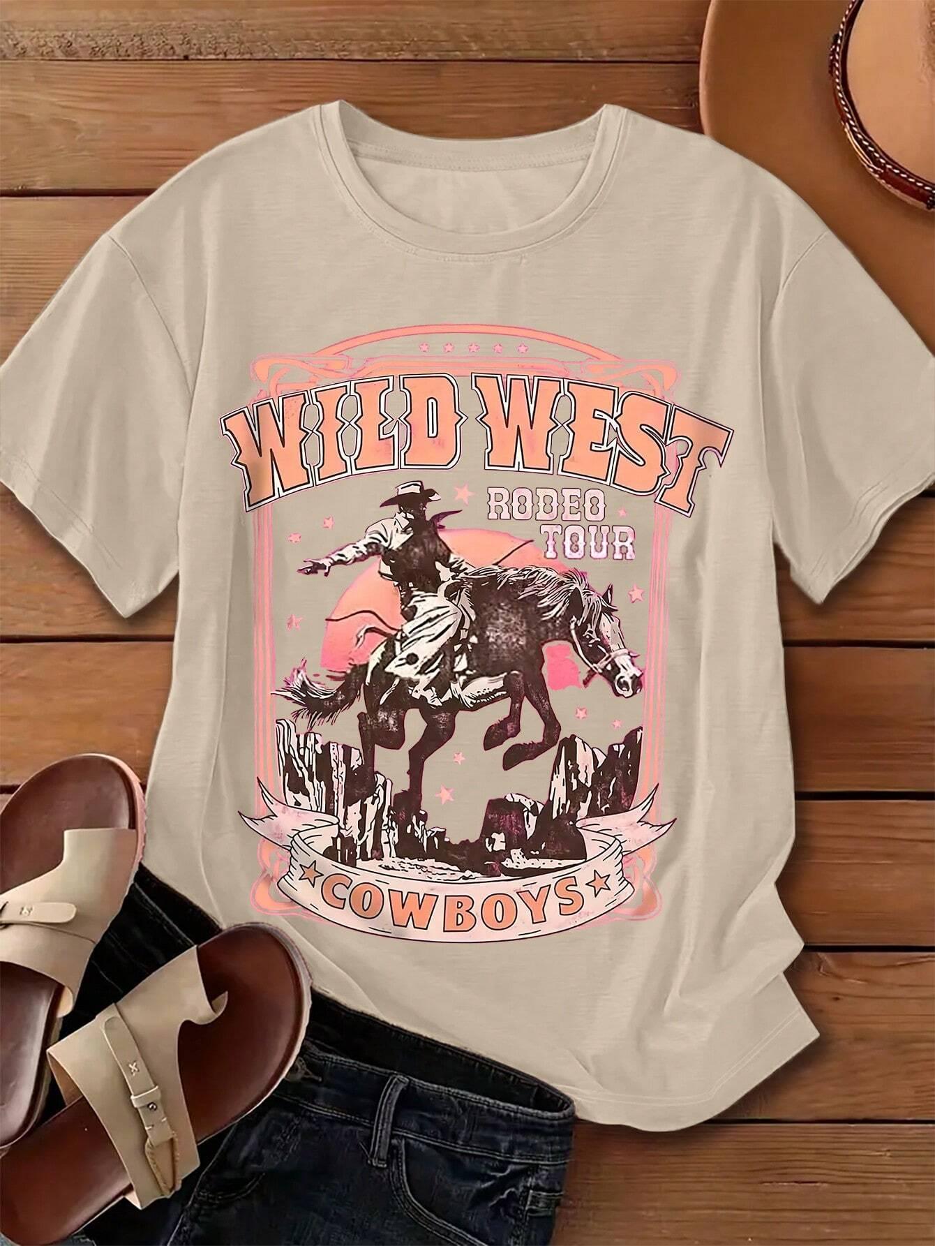 와일드 웨스트 카우보이 프린트 여성 티셔츠, 캐주얼 루 - Women'S Fashion Wild West 리뷰 및 가격