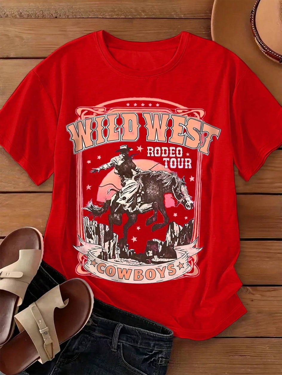 와일드 웨스트 카우보이 프린트 여성 티셔츠, 캐주얼 루 - Women'S Fashion Wild West 리뷰 및 가격