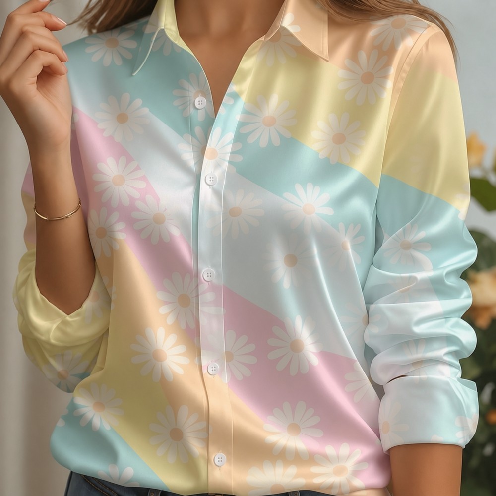 여성용 새틴 라펠 칼라 셔츠 파스텔 스트라이프 프린트  - Women Fashion Blouse 리뷰 및 가격