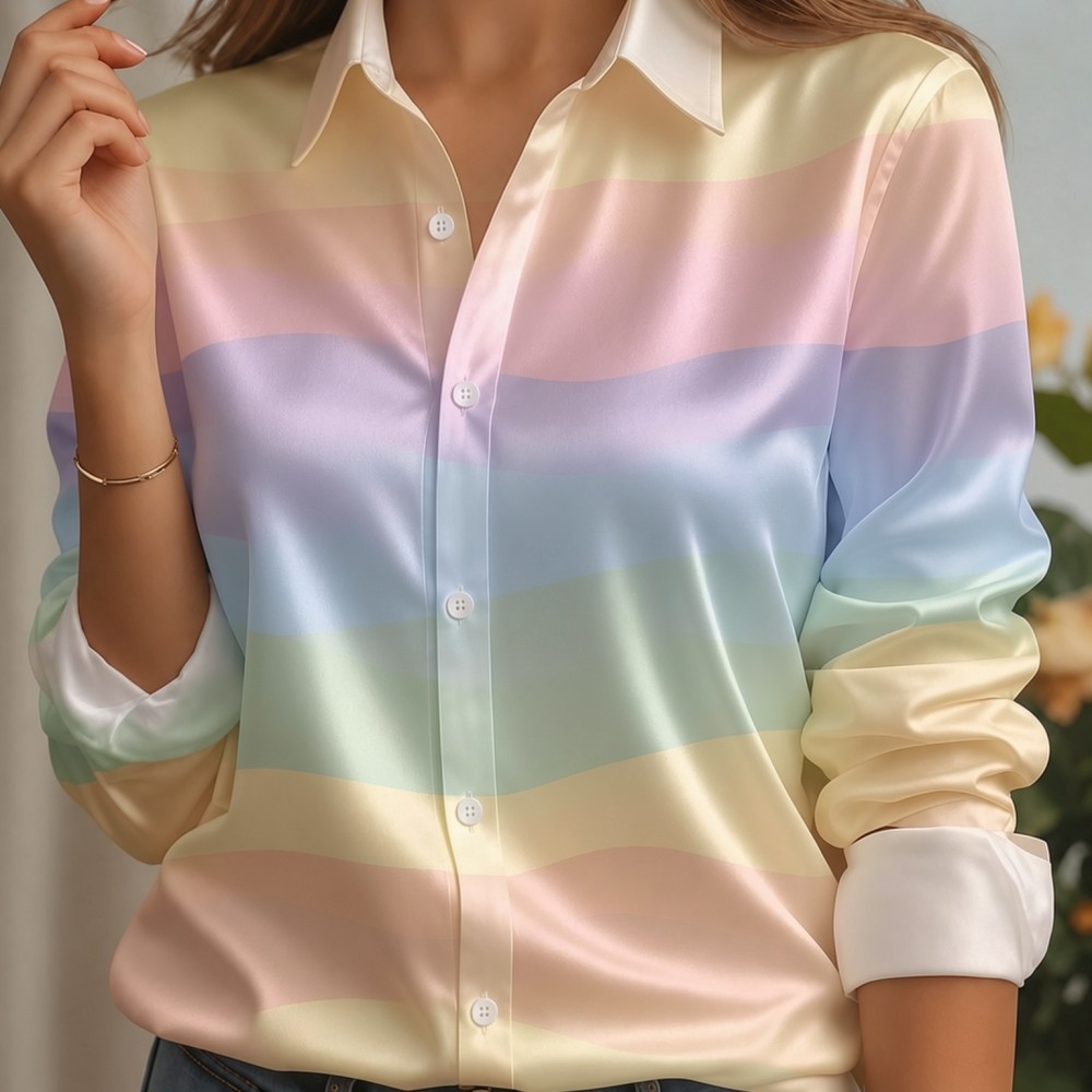 여성용 새틴 라펠 칼라 셔츠 파스텔 스트라이프 프린트  - Women Fashion Blouse 리뷰 및 가격