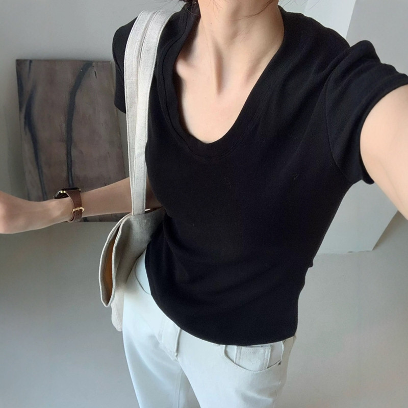 U 넥 어깨 짧은 소매 티셔츠 여성 여름 슬림 피팅 우 - Women Fashion Blouse 리뷰 및 가격
