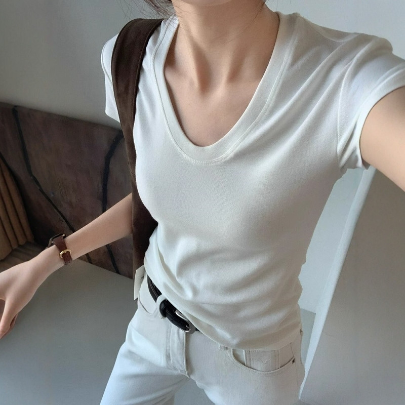 U 넥 어깨 짧은 소매 티셔츠 여성 여름 슬림 피팅 우 - Women Fashion Blouse 리뷰 및 가격