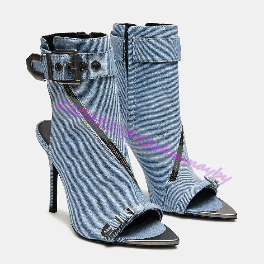 여름 블루 데님 포인티드 토 부츠 여성용 오픈 토 가죽 - Fashion Women Belt 리뷰 및 가격