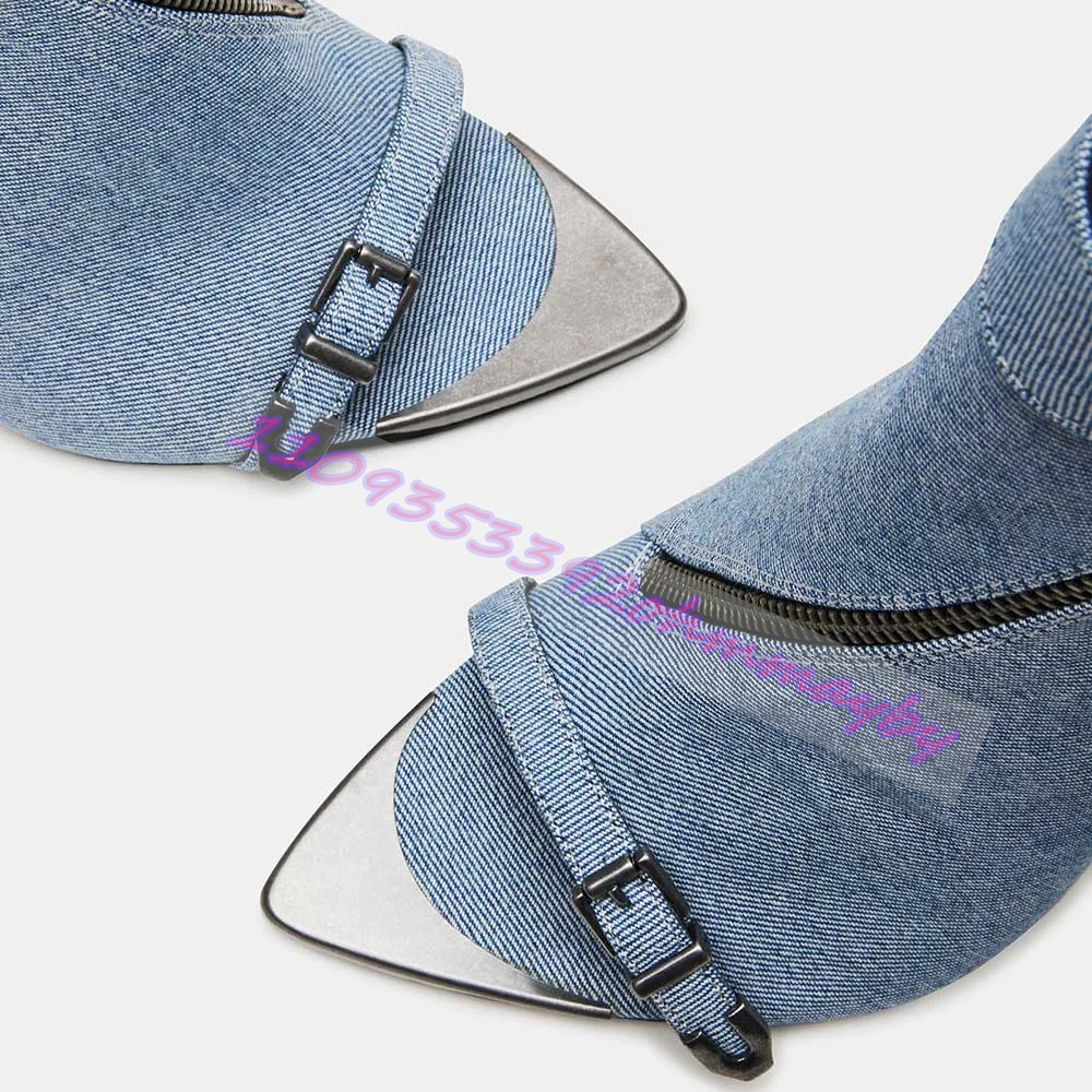 여름 블루 데님 포인티드 토 부츠 여성용 오픈 토 가죽 - Fashion Women Belt 리뷰 및 가격