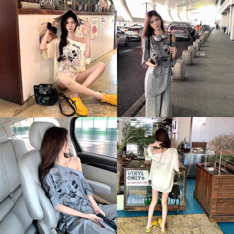 자외선 차단 블라우스 헬로 키티 비스듬한 어깨 카툰 탑 - Off Shoulder Top 리뷰 및 가격