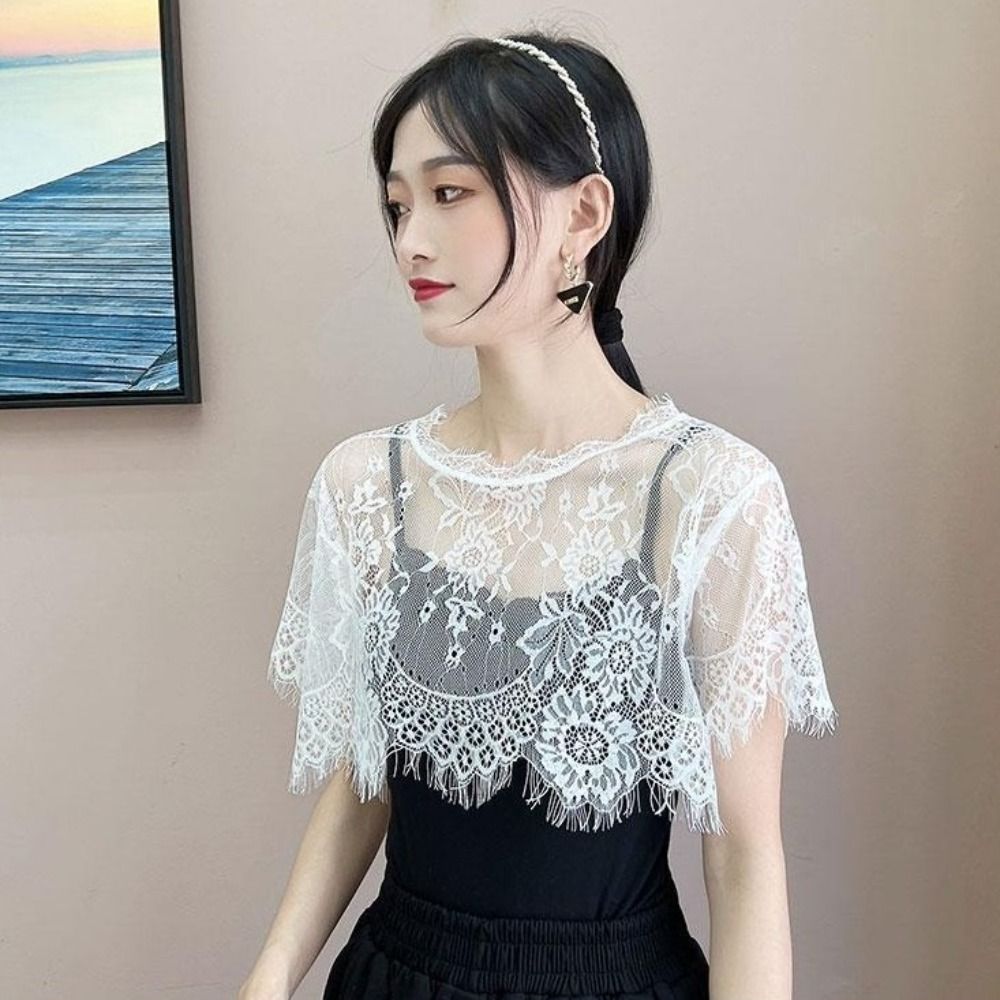 여성용 레이스 숄 화이트 블랙 속이 비치는 숄 숄라그  - Women'S Fashion Poncho 리뷰 및 가격