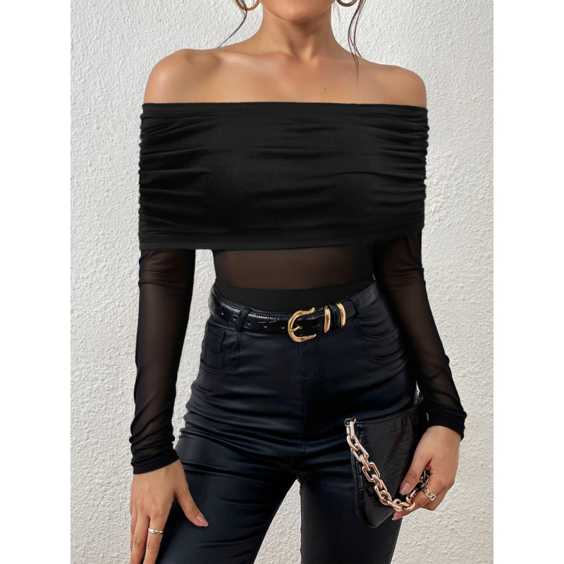 봄, 가을용 오프숄더 긴팔 슬림핏 티셔츠, 섹시한 메쉬 - Off Shoulder Top 리뷰 및 가격