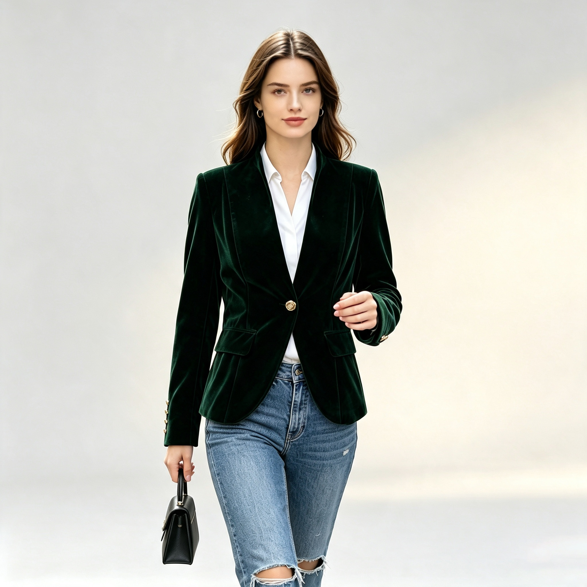 우아한 여성 벨벳 블레이저 재킷 짙은 녹색 스탠드 칼라 - Velvet Blazer Women 리뷰 및 가격