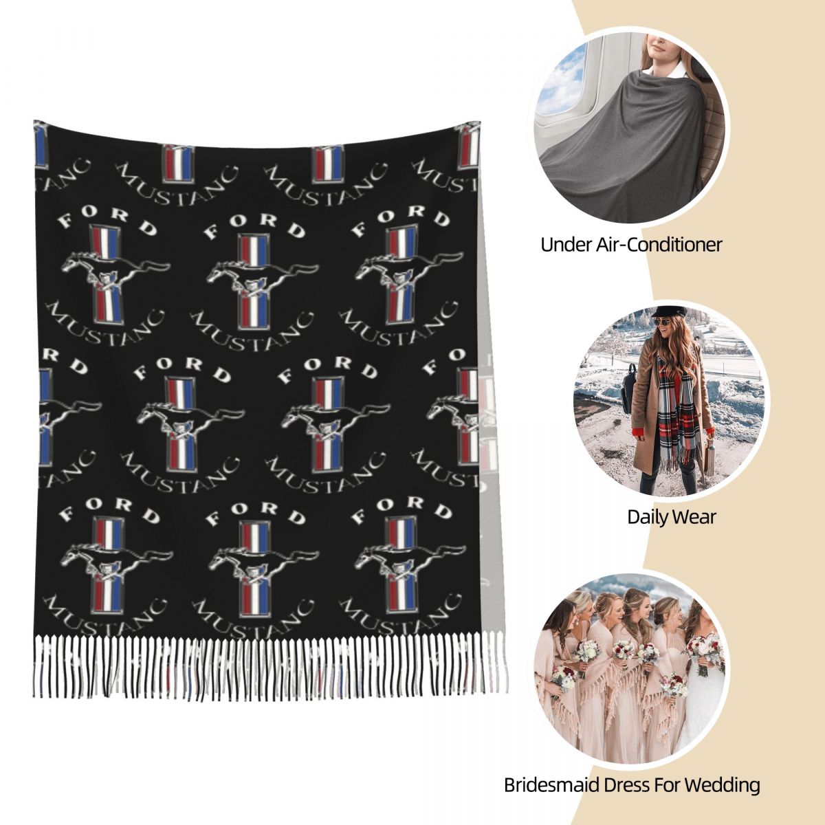 포드 머스탱 로고 컬러 스카프 여성용 태슬 스카프 부드 - Women Fashion Logo 리뷰 및 가격
