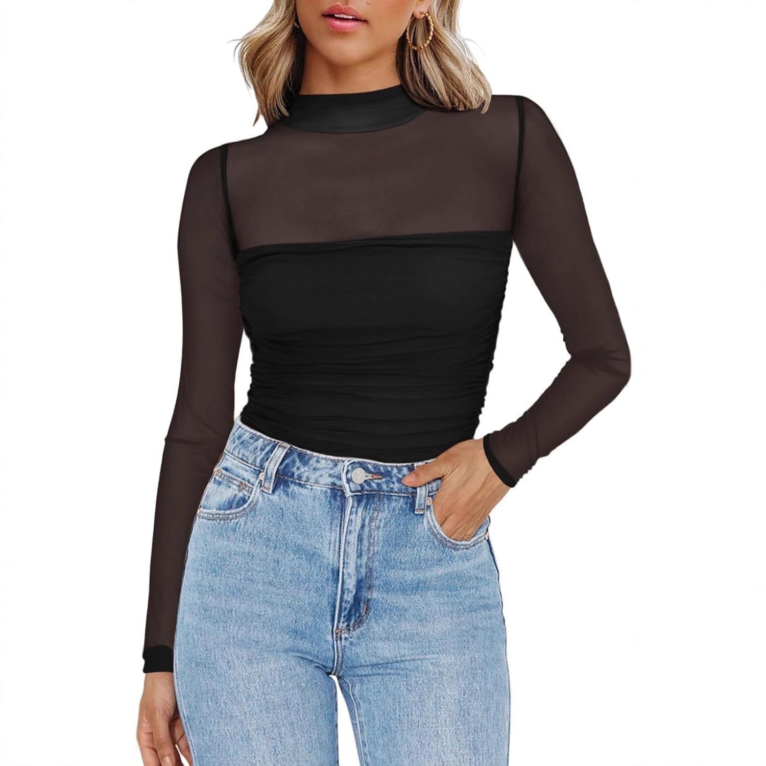 여성용 솔리드 컬러 시스루 메쉬 라운드넥 슬림핏 니트  - Women Fashion Blouse 리뷰 및 가격