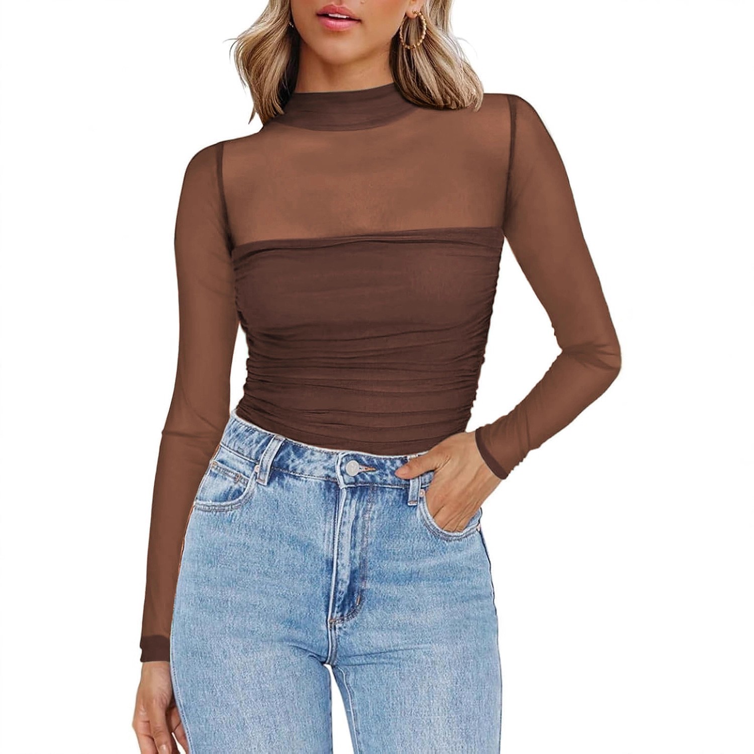 여성용 솔리드 컬러 시스루 메쉬 라운드넥 슬림핏 니트  - Women Fashion Blouse 리뷰 및 가격