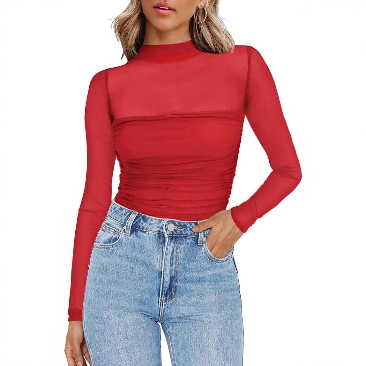 여성용 솔리드 컬러 시스루 메쉬 라운드넥 슬림핏 니트  - Women Fashion Blouse 리뷰 및 가격