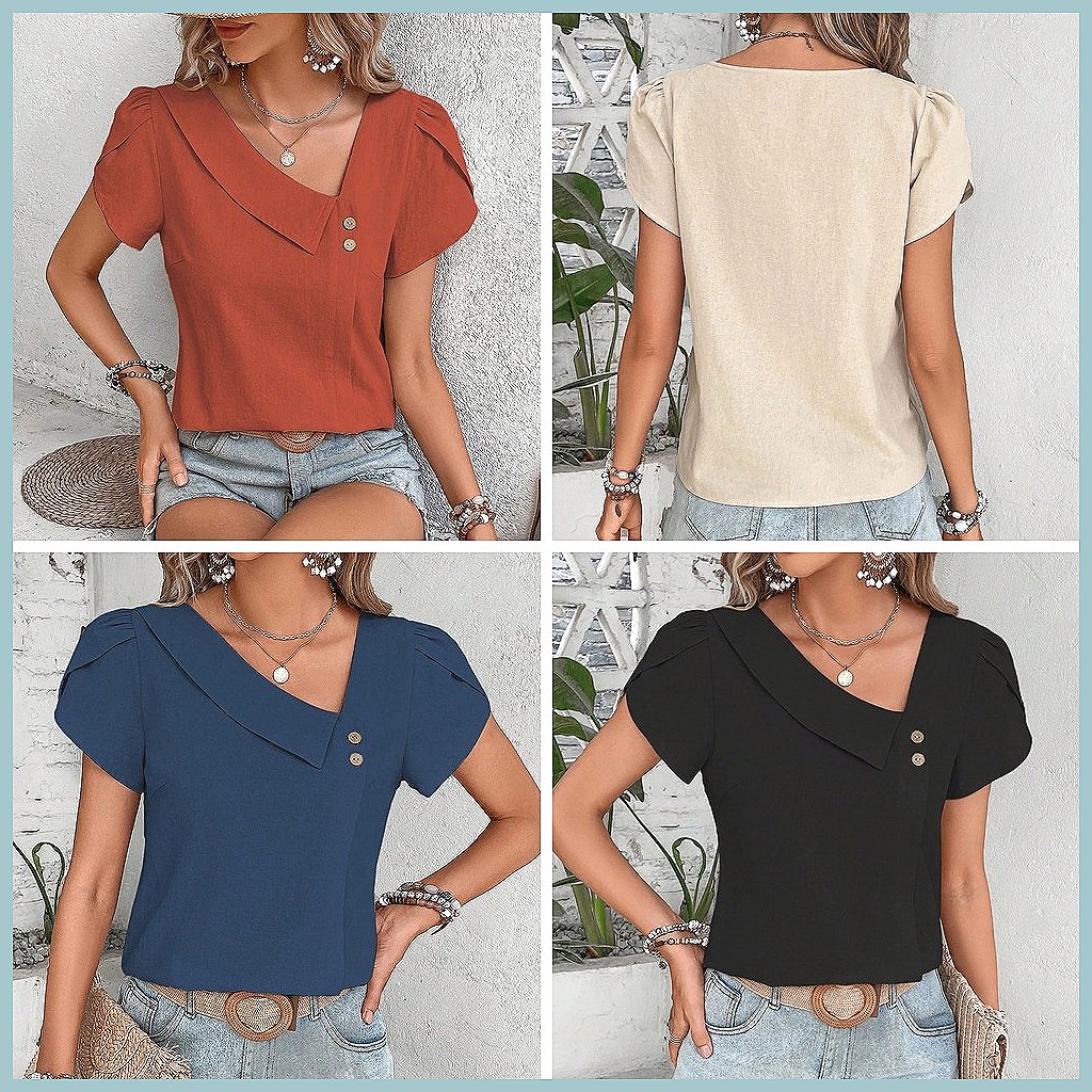 2024 여름 빈티지 솔리드 컬러 블라우스 여성용, 우 - Women Fashion Blouse 리뷰 및 가격